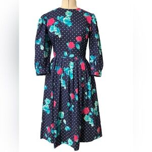 Vintage Lanz Dress Size 12 80s Floral Polka Dot Retro Mixed Print Romantic